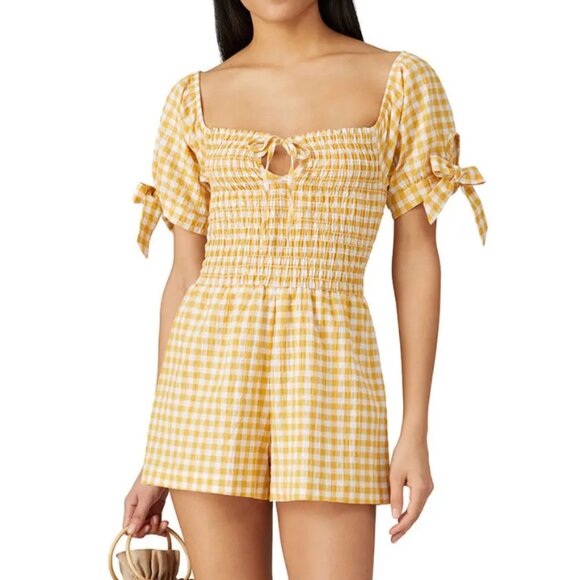 Small - léRumi - Yellow Gingham Sienna Romper Smocked Rent the Runway $128 msrp - Picture 1 of 10